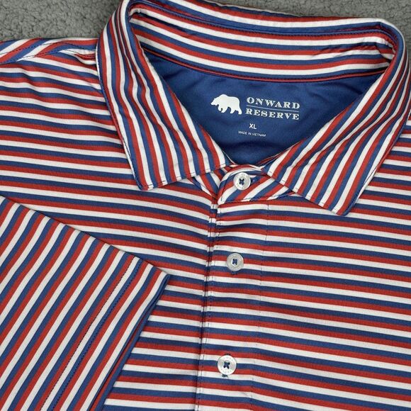 Onward Reserve Polo Shirt Mens XL Red White Blue Stripe Golf Performance Stretch - Picture 1 of 12
